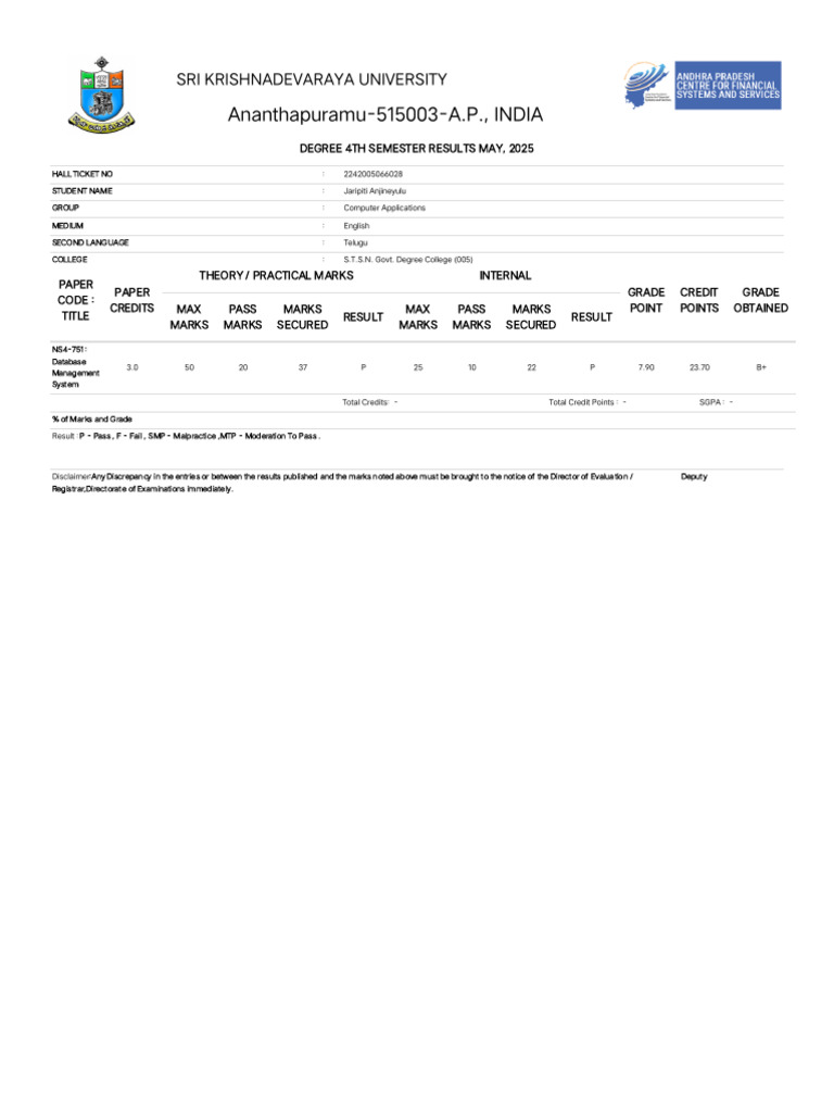 4th Semester Results for Computer Apps | PDF