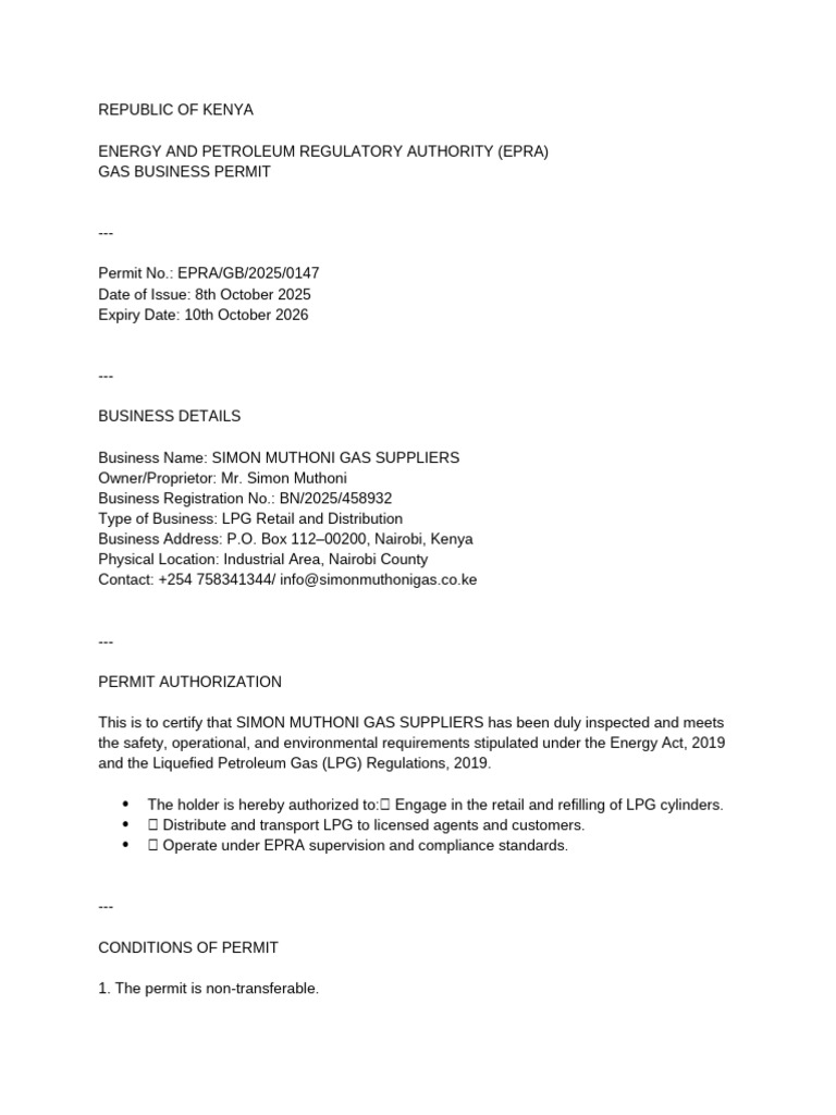 EPRA Gas Business Permit for Simon Muthoni | PDF