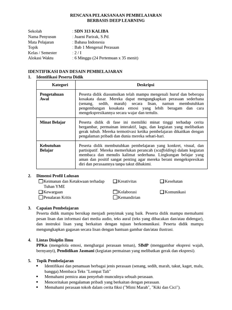 RPP Deep Learning Kelas 2 Bahasa Indonesia | PDF