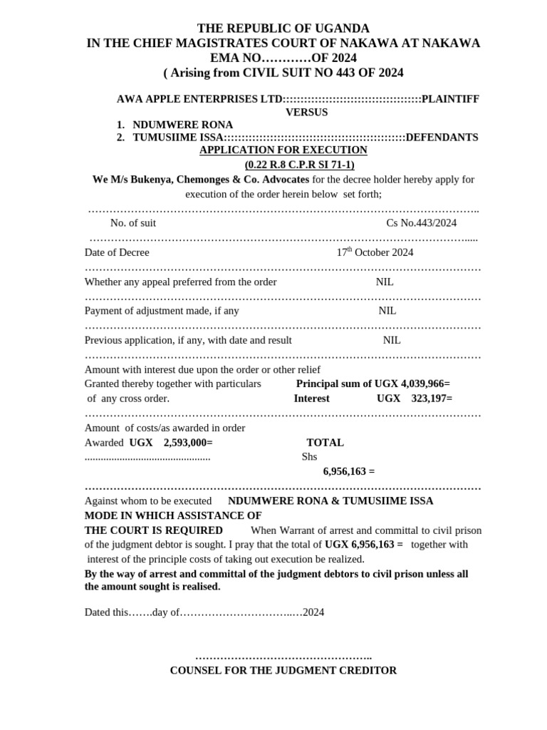 Execution Application in Uganda Court | PDF | Business Law | Common Law