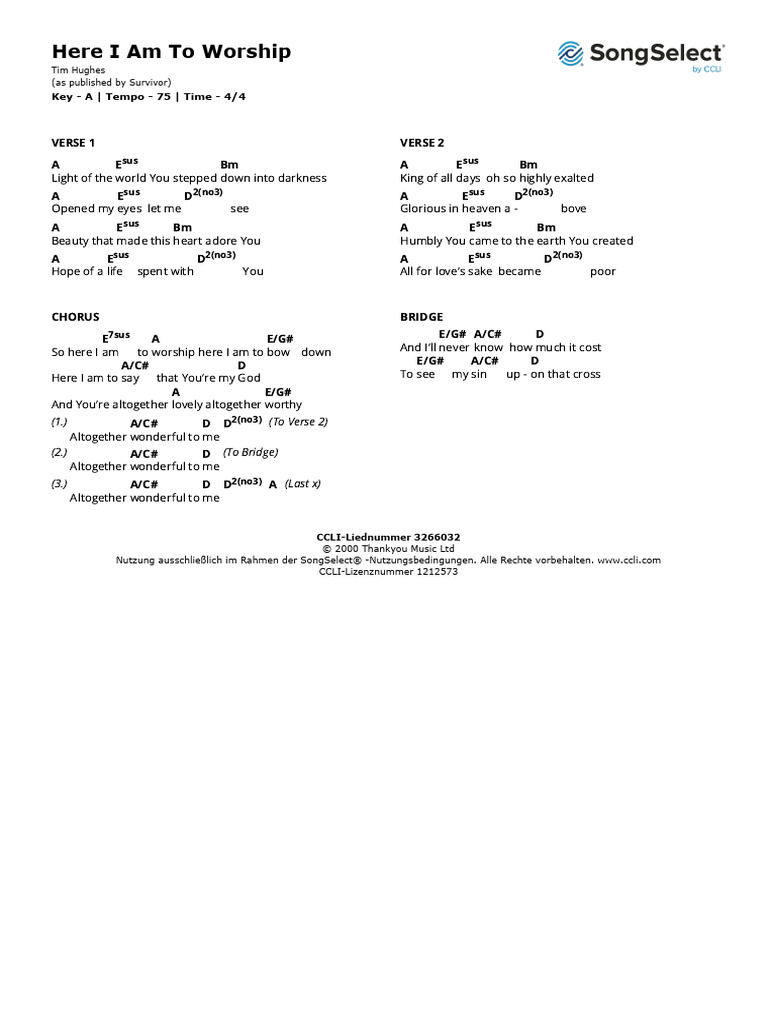 Here I Am To Worship Lyrics | PDF