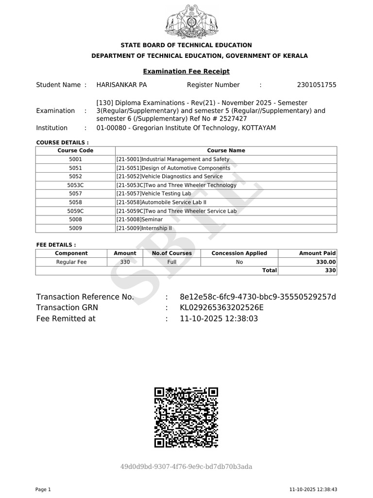Kerala Diploma Exam Fee Receipt | PDF