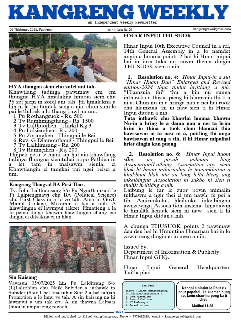Hmar Inpui Weekly Newsletter - Issue 25 | PDF
