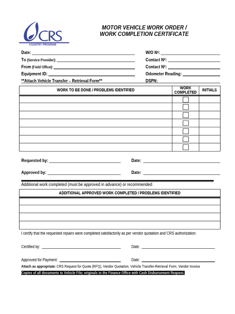 Motor Vehicle Work Order Template | PDF