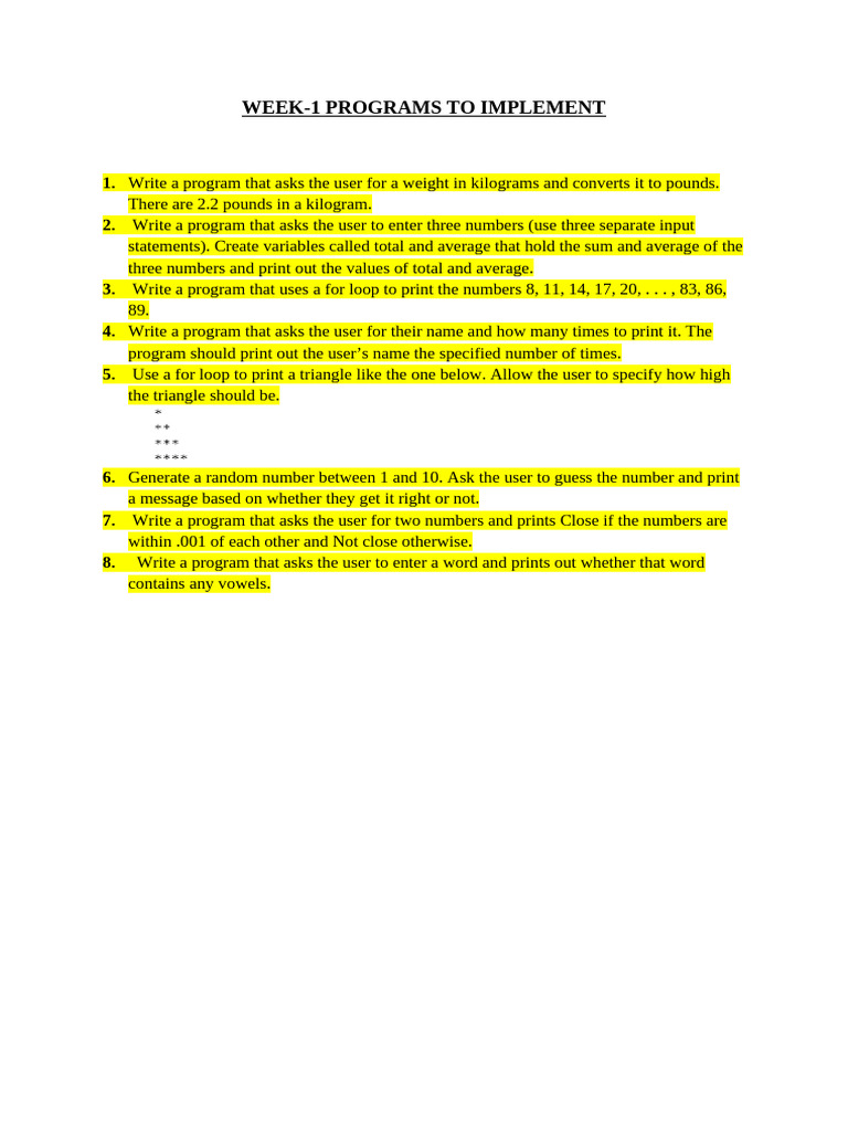 Week 1 Programming Exercises Guide | PDF