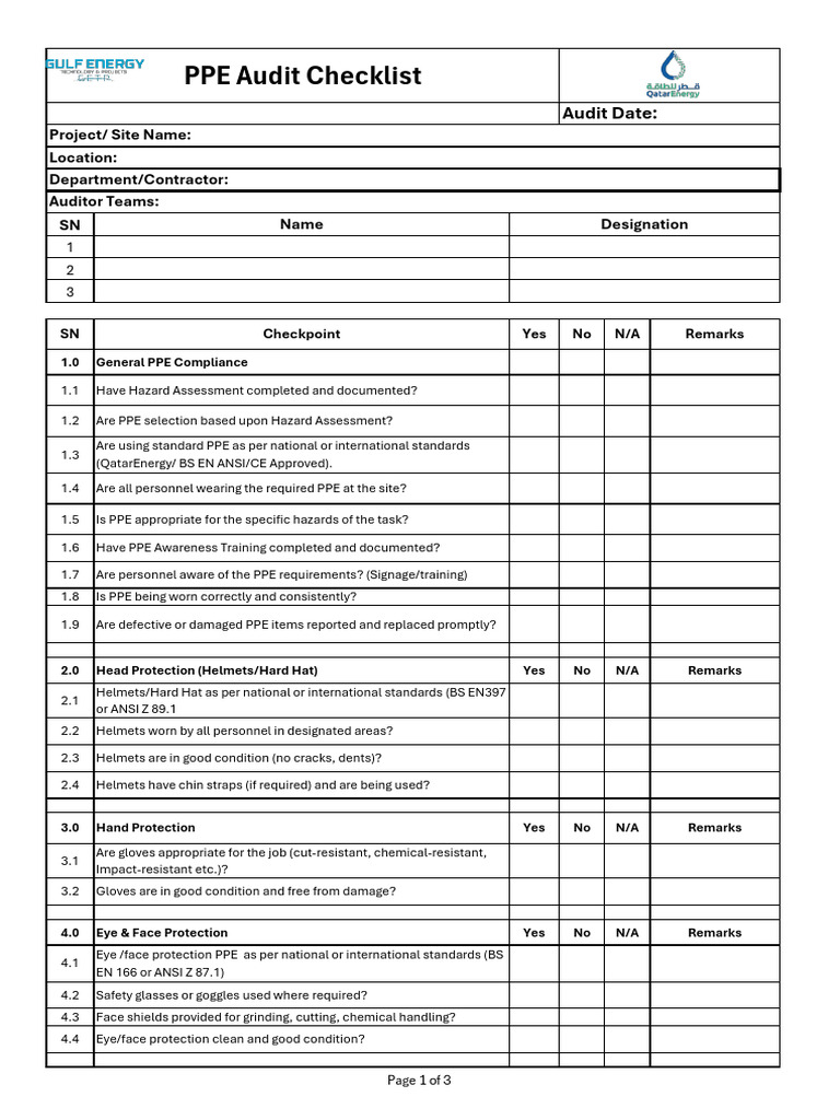 PPE Audit Compliance Checklist | PDF | Personal Protective Equipment ...