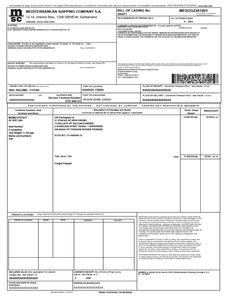 MSC Bill of Lading Details and Terms | PDF | Bill Of Lading | Cargo