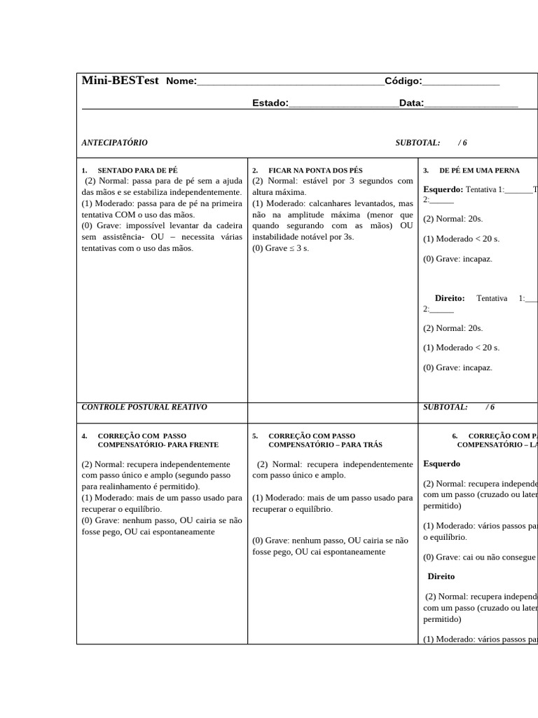 Avaliação do Equilíbrio: Mini-BESTest | PDF
