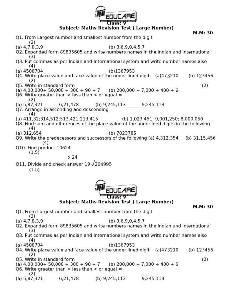 Class V Maths Revision: Large Numbers | PDF