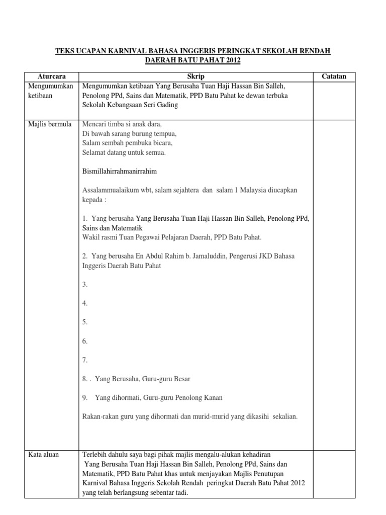 Teks Pengacara Majlis Perasmian In English