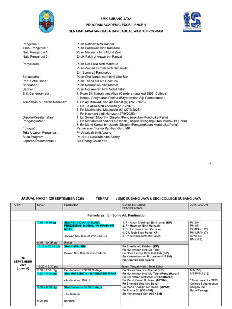 Jadual Program Academic Excellance 26-27 September 2025 | PDF