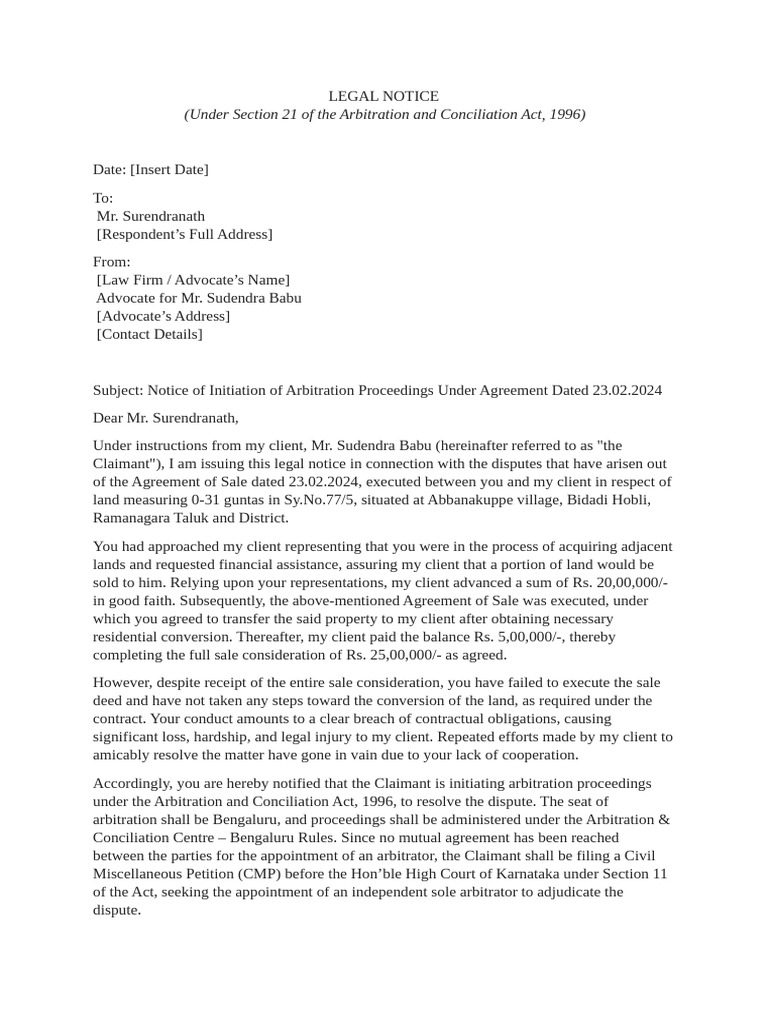Legal Notice For Arb To Resp | PDF | Arbitration | Consideration