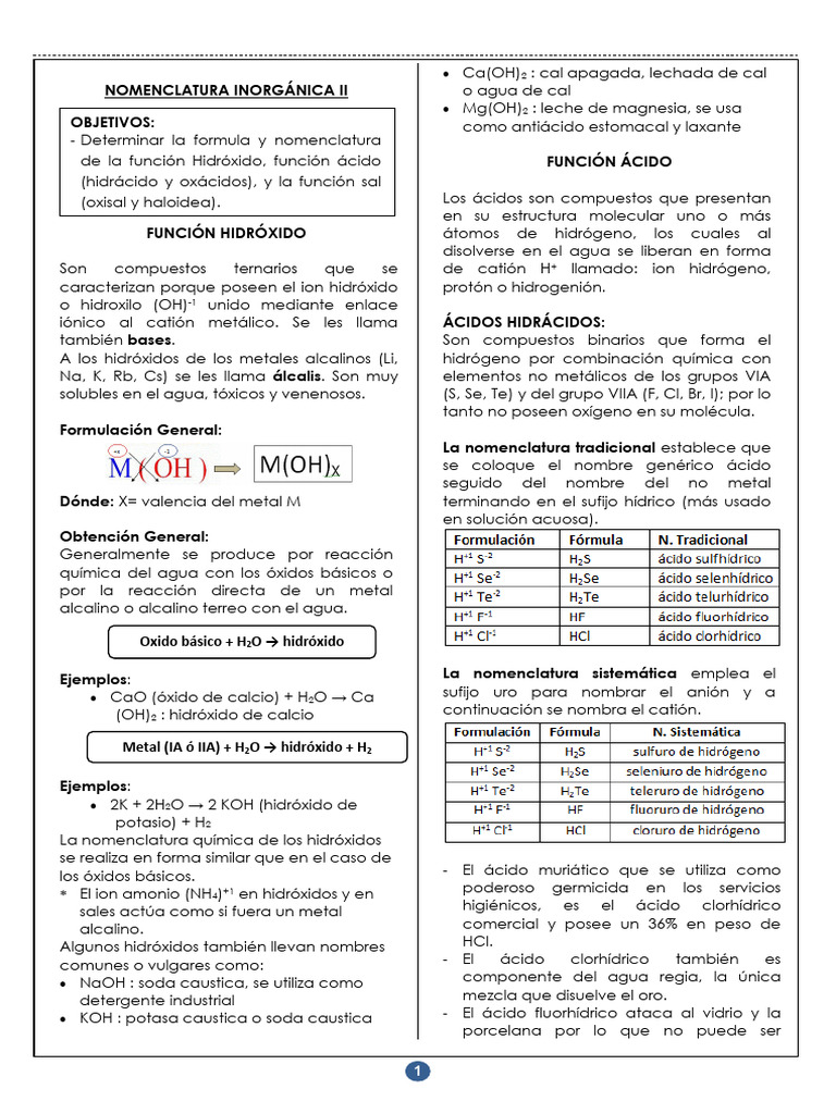Nomenclatura De Hidr xidos Y cidos PDF Hidr xido cido