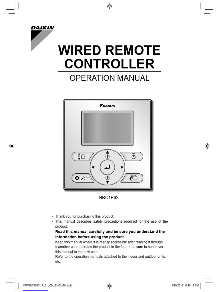 BRC1E62 Remote Controller Manual | PDF | Air Conditioning | Backlight