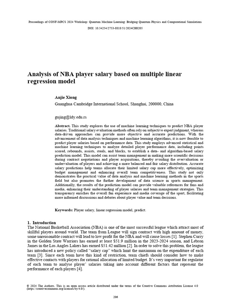 NBA Player Salary Prediction Model | PDF | Regression Analysis | Linear ...
