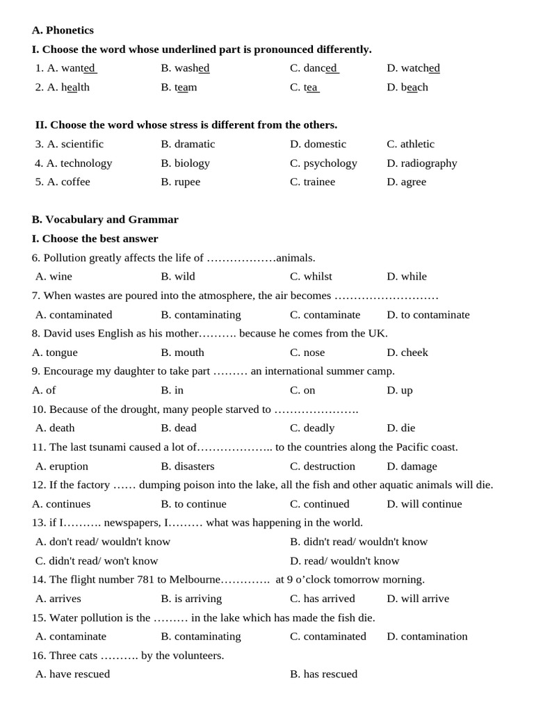 Phonetics and Grammar Practice Test | PDF | Pollution | Waste