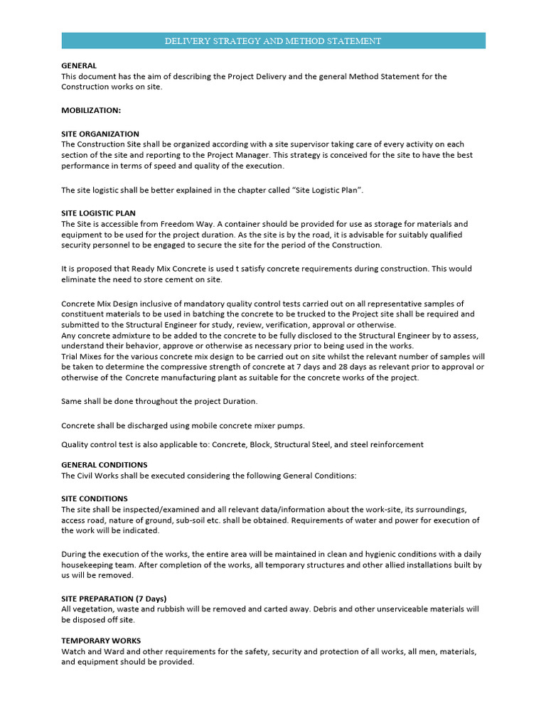 Construction Delivery Method Statement | PDF | Concrete | Building ...