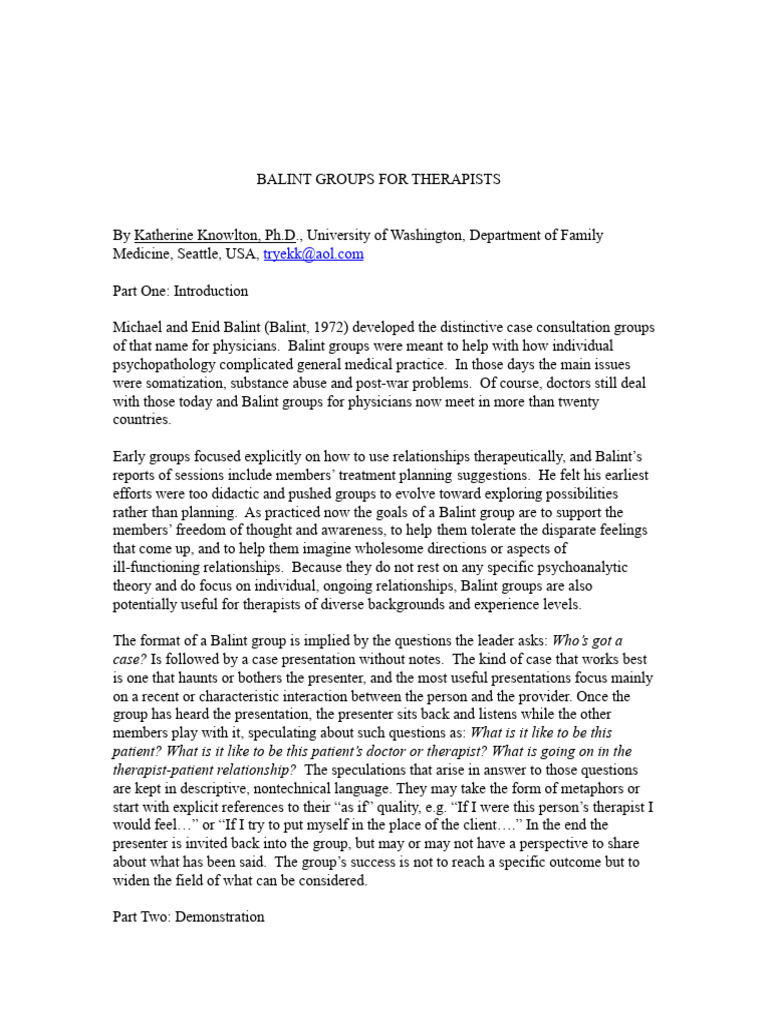 Balint Groups: Enhancing Therapist Skills | PDF | Psychotherapy ...
