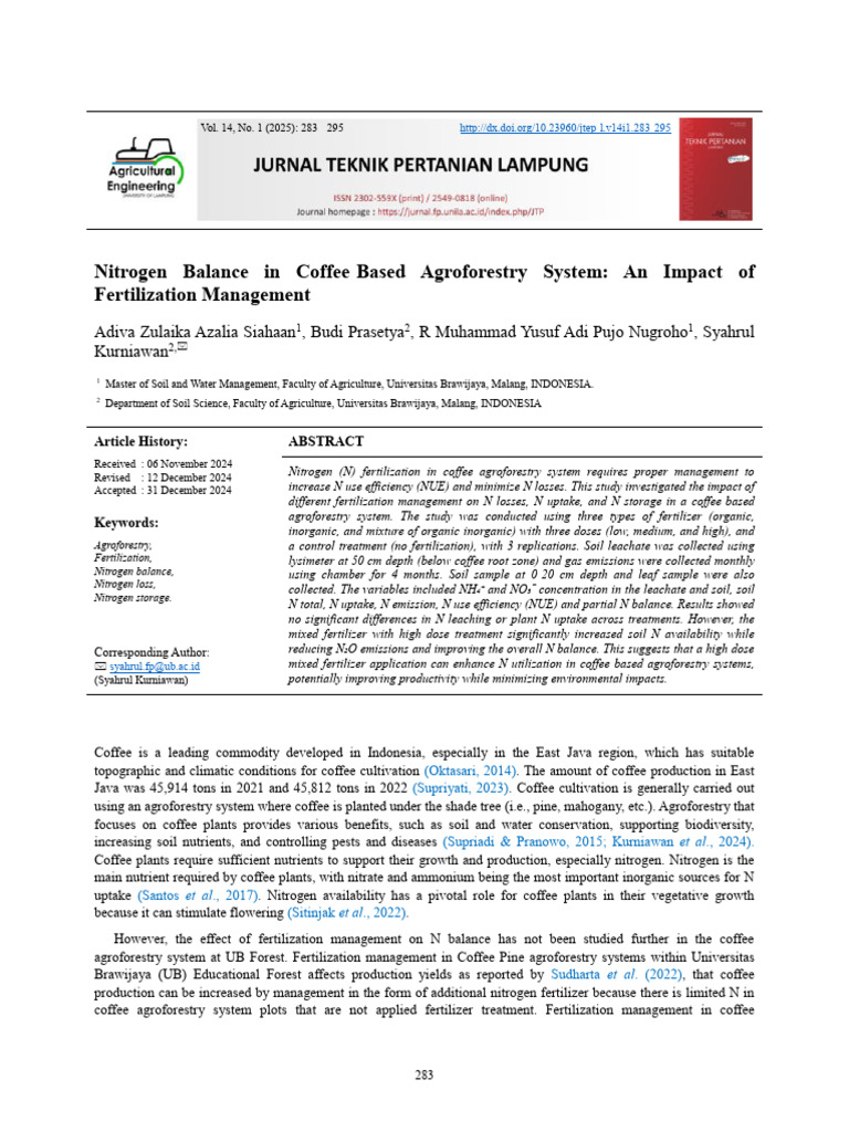 Nitrogen Balance in Coffee-Based Agroforestry Syst | PDF | Fertilizer ...