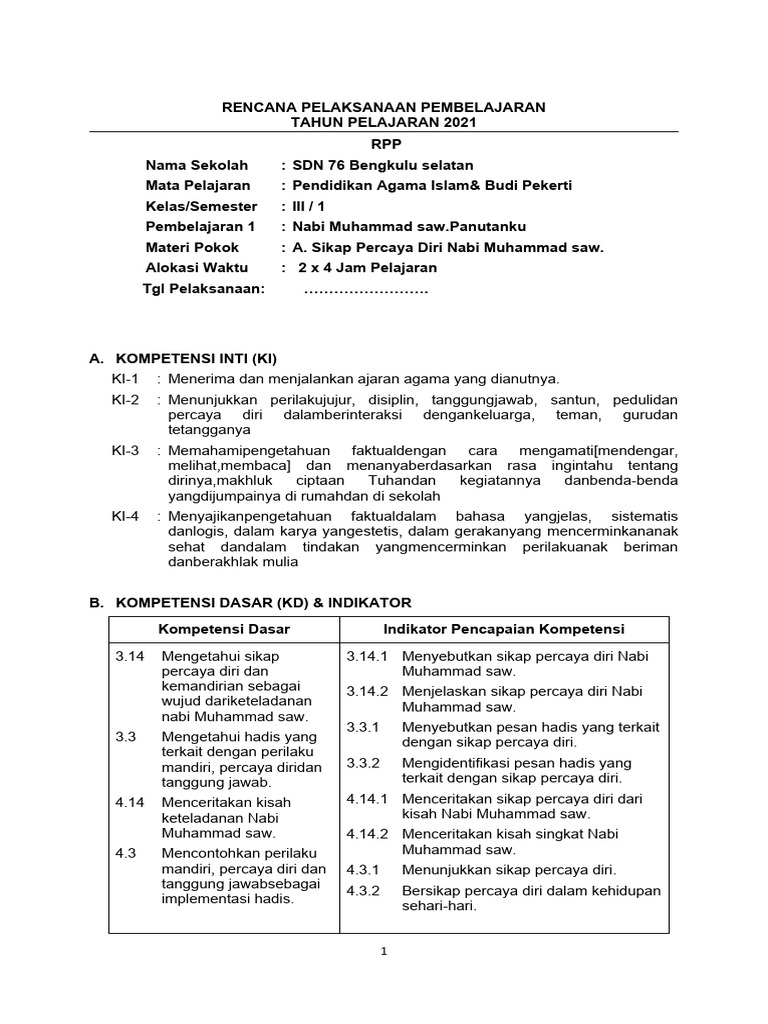 RPP PAI KELAS 3 SD Semester 1 Tahun 2021 | PDF