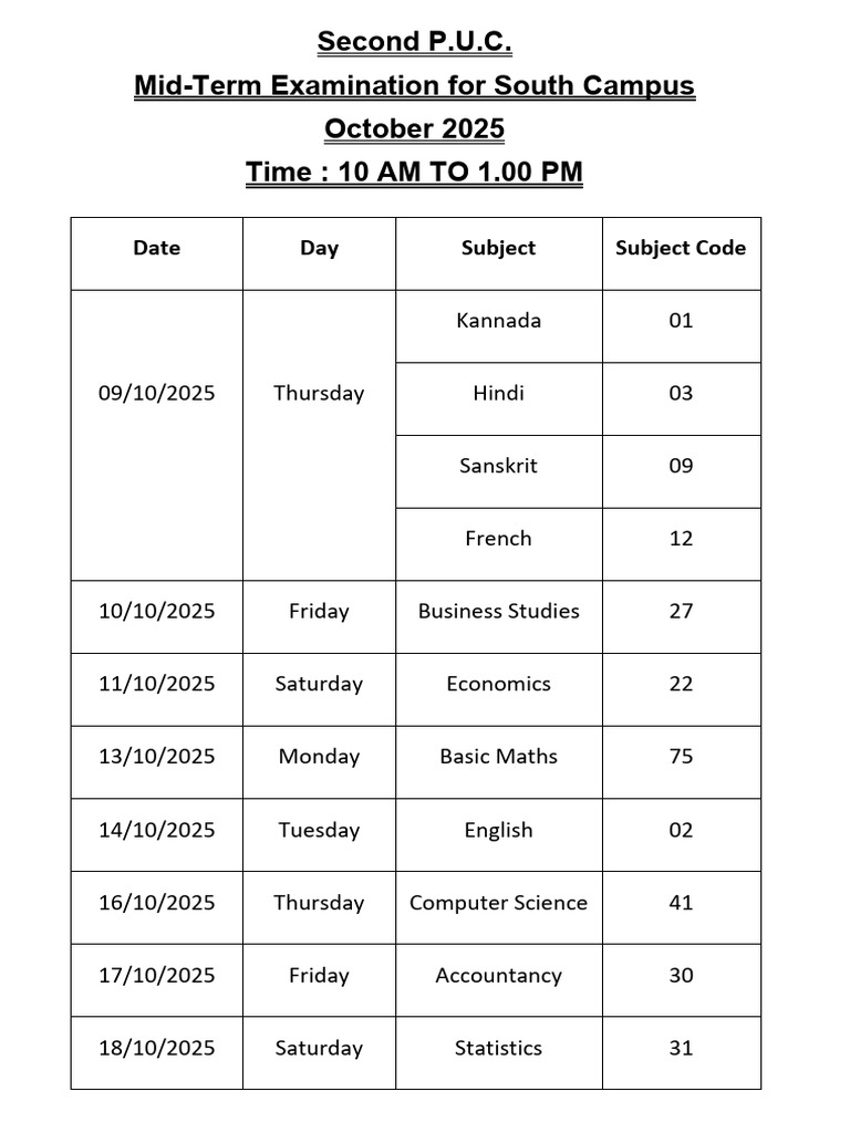 PU Mid-Term Exam Timetable 2025 | PDF