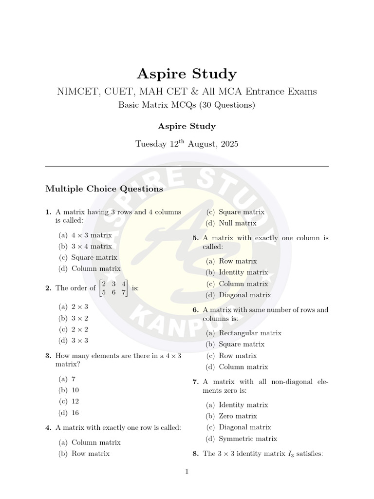 Basic Matrix 12th Aug 2025 | PDF | Matrix (Mathematics) | Functional ...