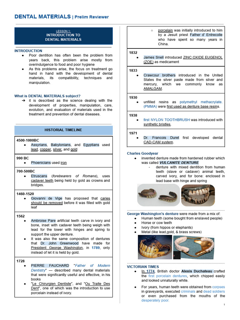 Overview of Dental Materials History | PDF | Dental Material | Dentistry
