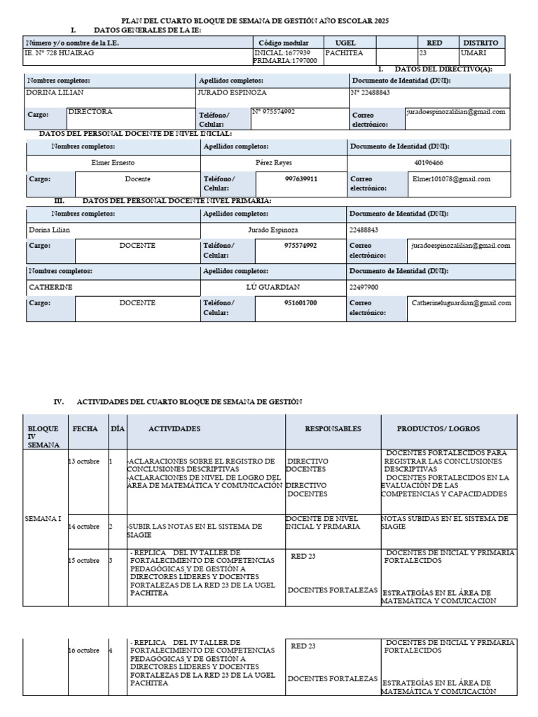 Plan Del Cuarto Bloque de Semana de Gestión Año Escolar 2025 | PDF