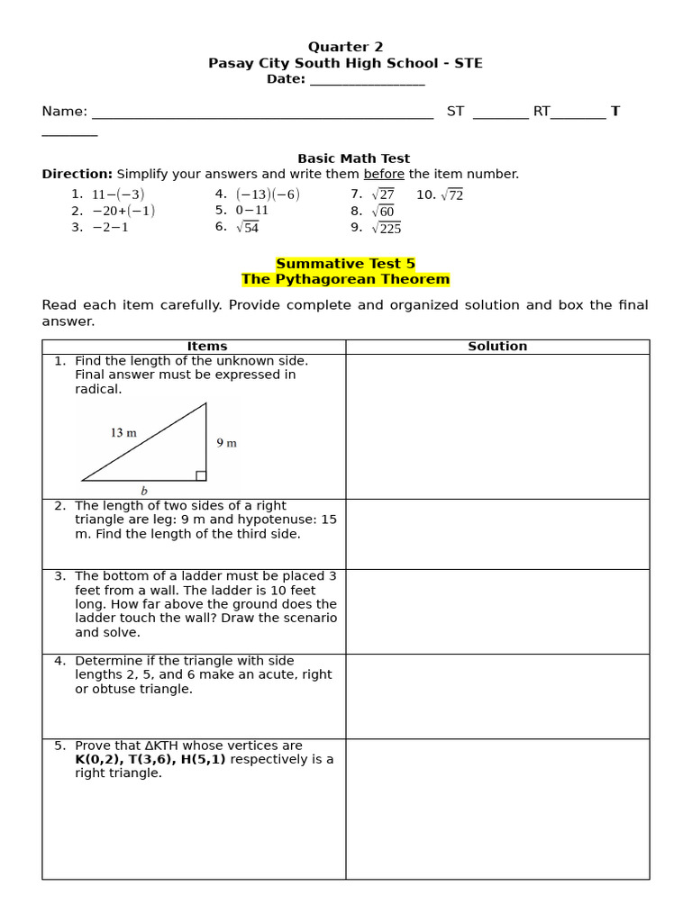 Pythagorean Theorem Math Tests | PDF | Euclidean Geometry | Euclidean ...