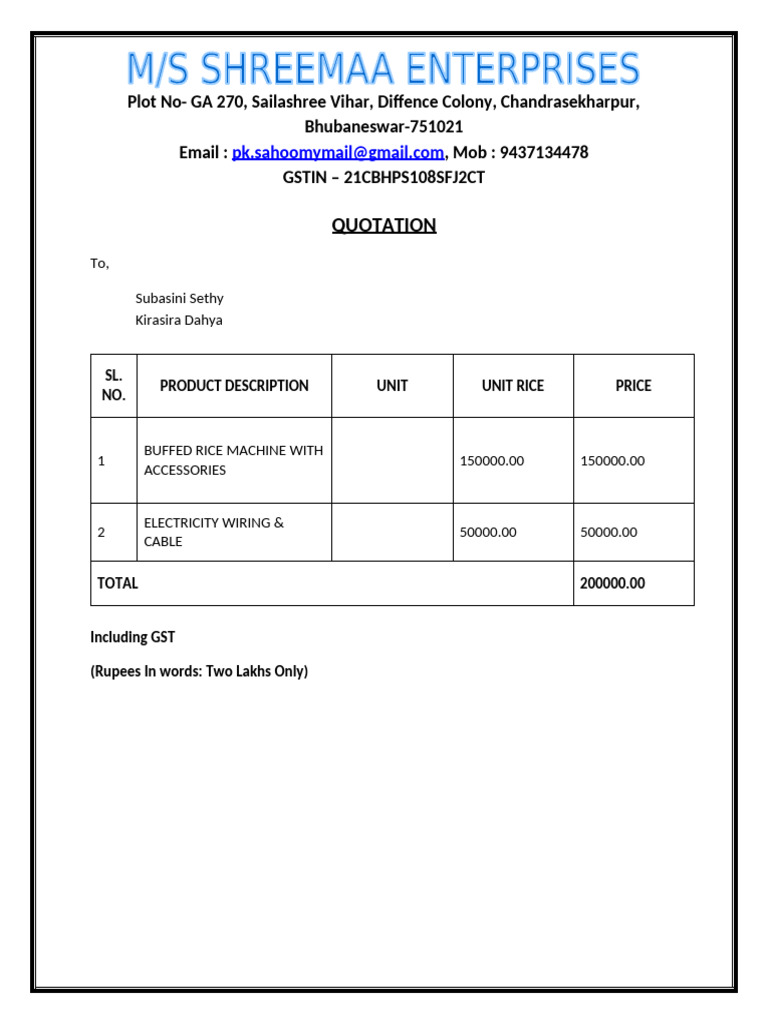 Quotation for Buffed Rice Machine | PDF