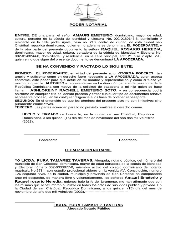 Poder Notarial para Fines de Pasaporte de Raquel Rosario Heredia | PDF ...