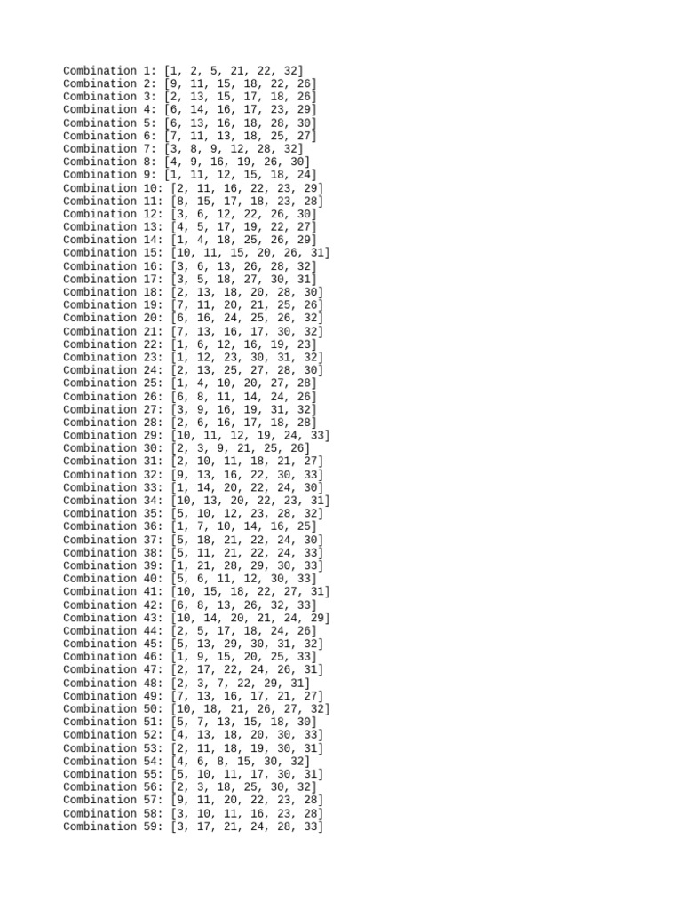Unique Number Combinations List | PDF