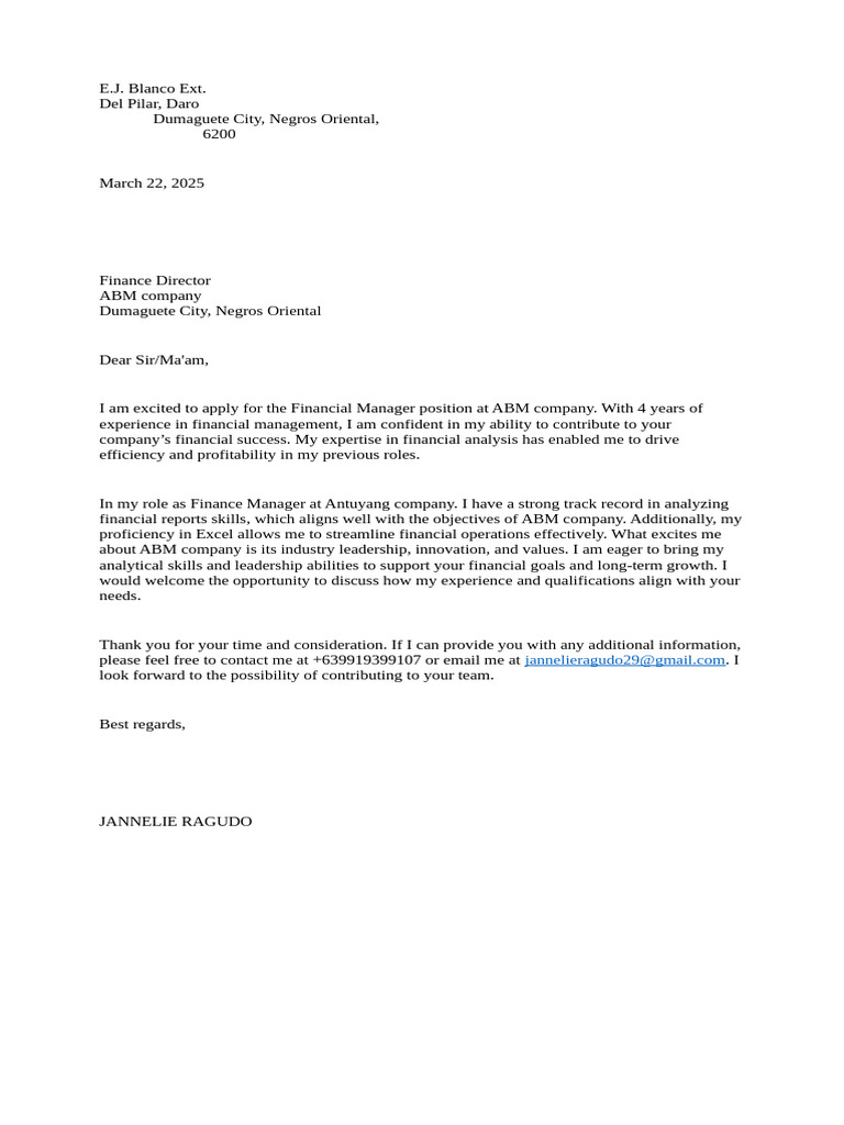 Financial Manager Application Letter | PDF