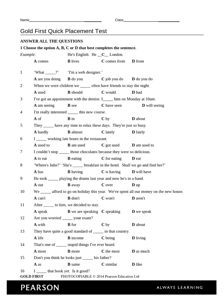 Gold First Quick Placement Test | PDF