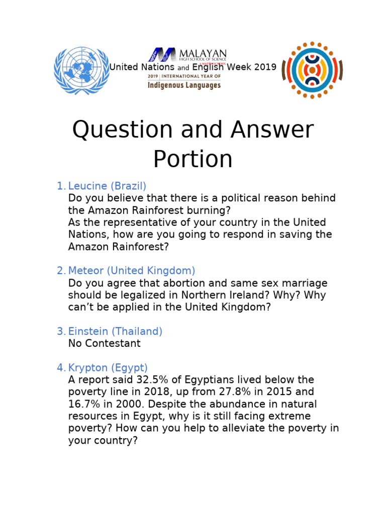 Mr. and Ms. United Nations Question and Asnwer Portion | PDF