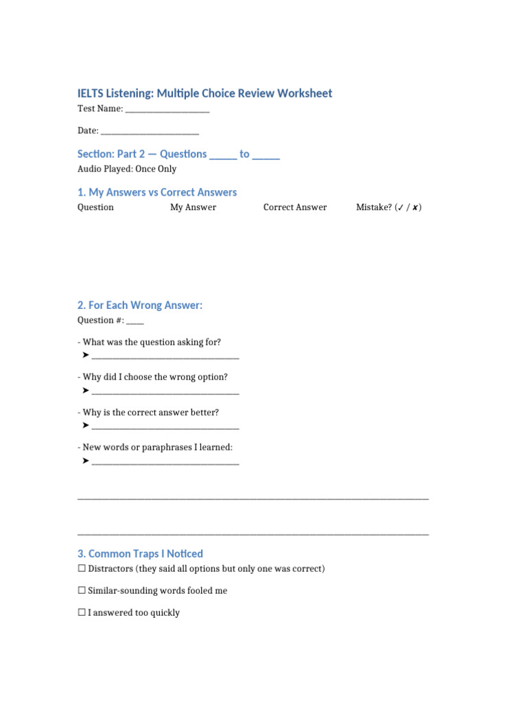 IELTS Listening Multiple Choice Review Worksheet | PDF