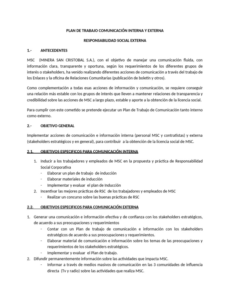 Plan de Comunicación Interna y Externa RSC | PDF | Responsabilidad ...