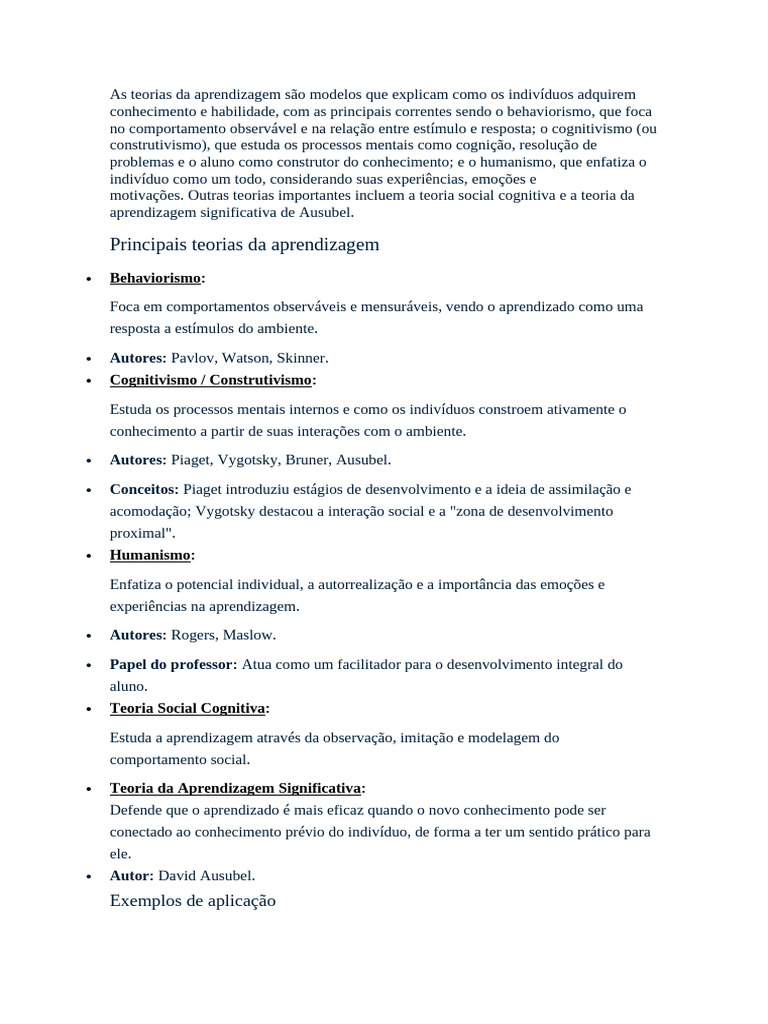 Teorias da Aprendizagem: Principais Abordagens | PDF | Aprendizado ...