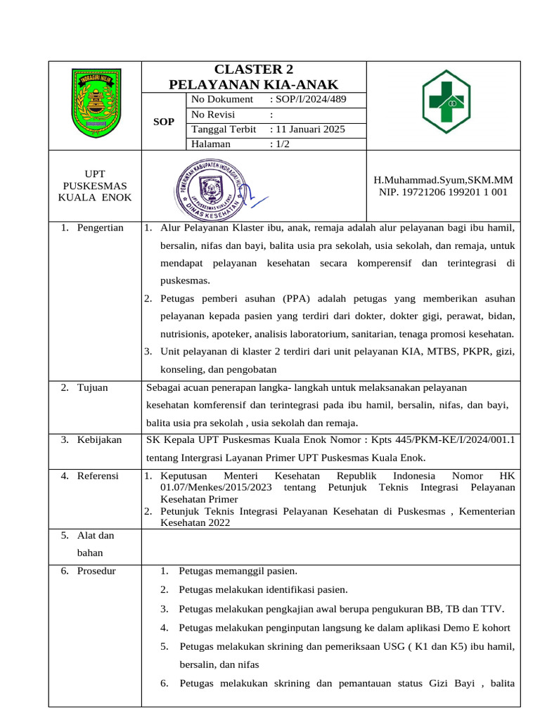 489 Sop Ilp Claster 2 Pelayanan Kia-Anak | PDF