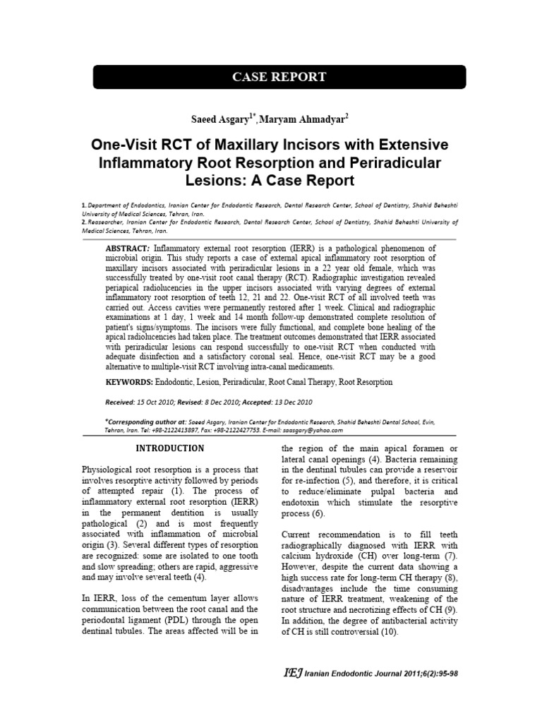 One-Visit RCT of Maxillary Incisors With Extensive | PDF | Tooth ...
