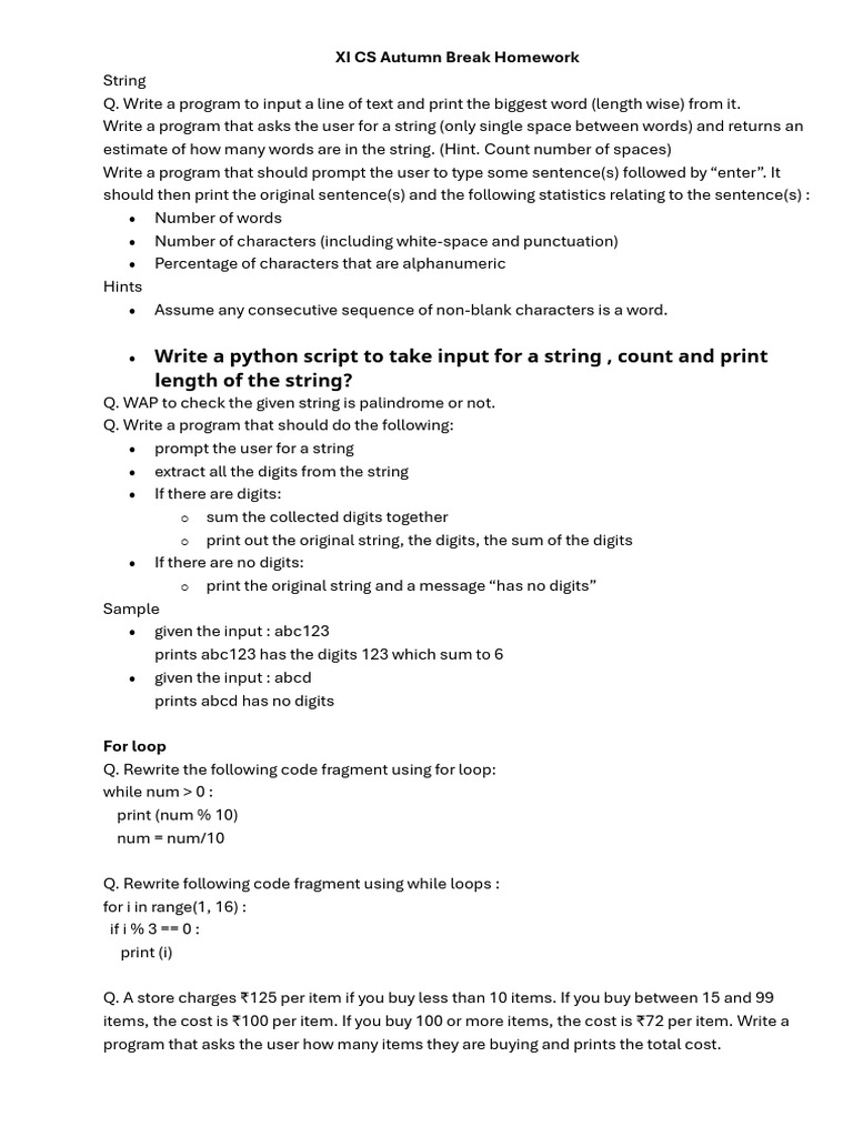 XI CS Autumn Break Homework | PDF | String (Computer Science) | Control ...
