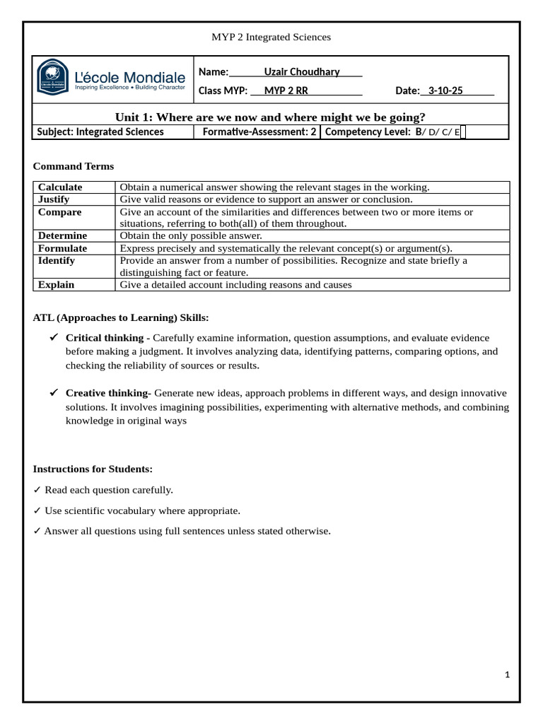 MYP 2 Integrated Sciences Assessment Guide | PDF | Science | Thought