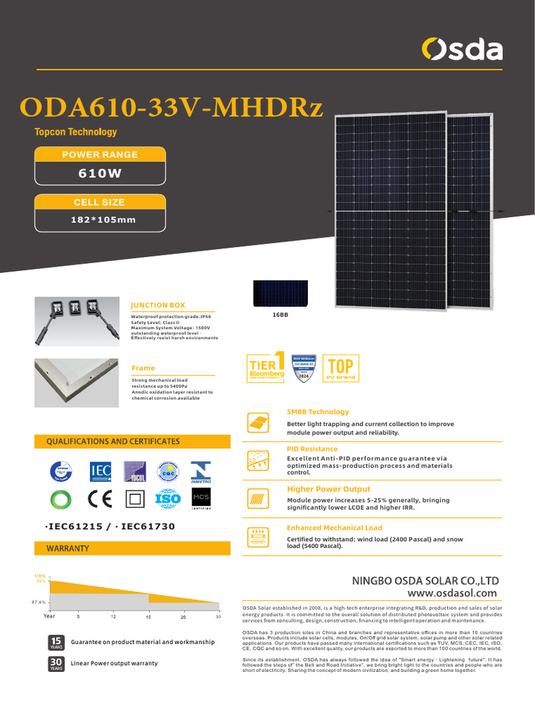 OSDA 610W Bifacial Solar Panel Specs | PDF | Energy Technology ...