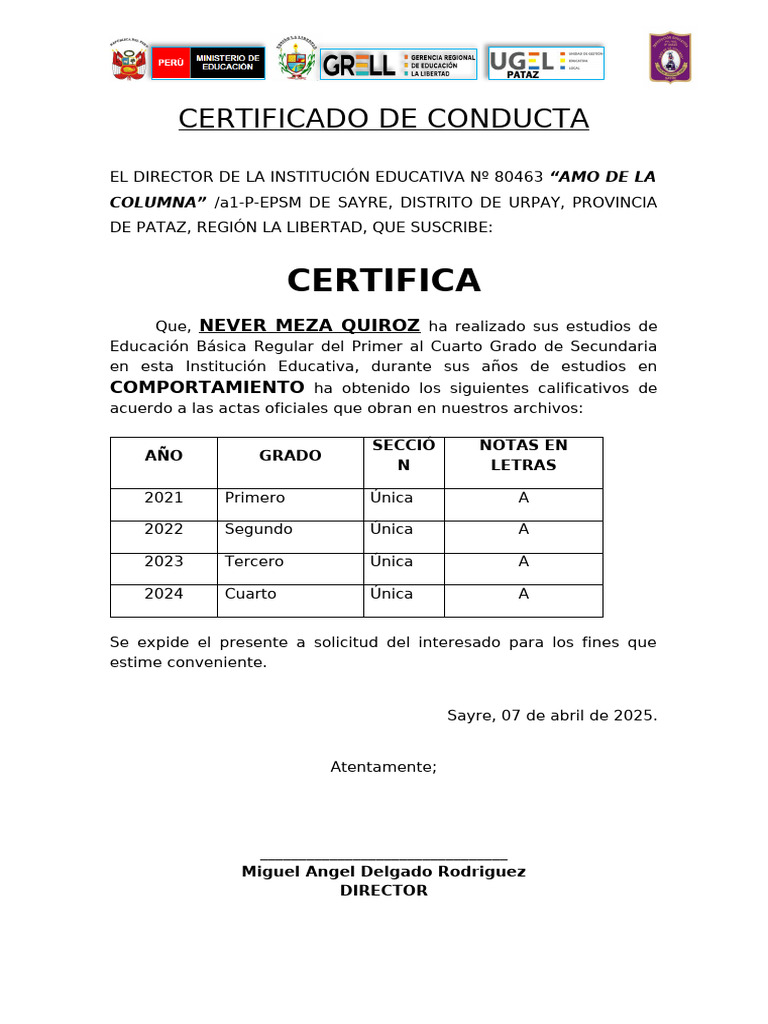 Certificado de Conducta Escolar 2025 | PDF