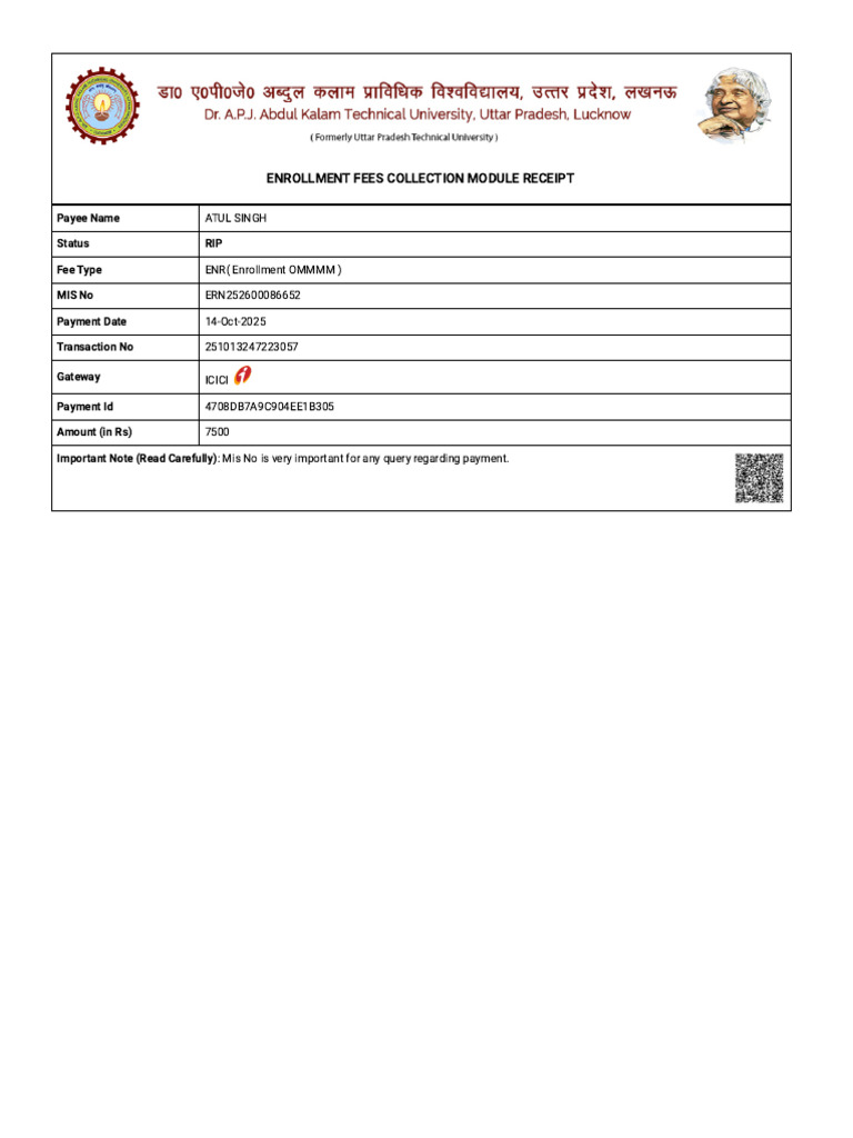 Enrollment Fees Receipt for Atul Singh | PDF