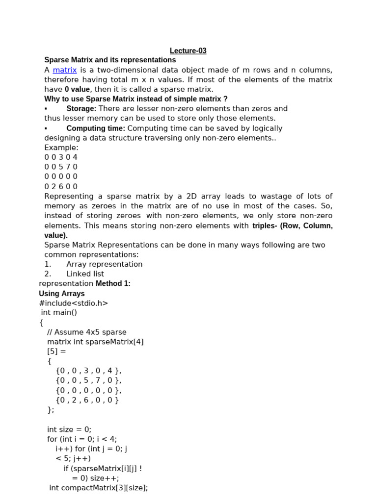Lecture 3 Sparse Matrix and Its Representations (1) | PDF
