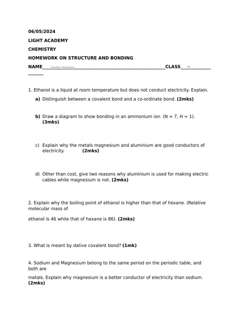 Chemistry Homework: Structure & Bonding | PDF | Chemical Compounds ...