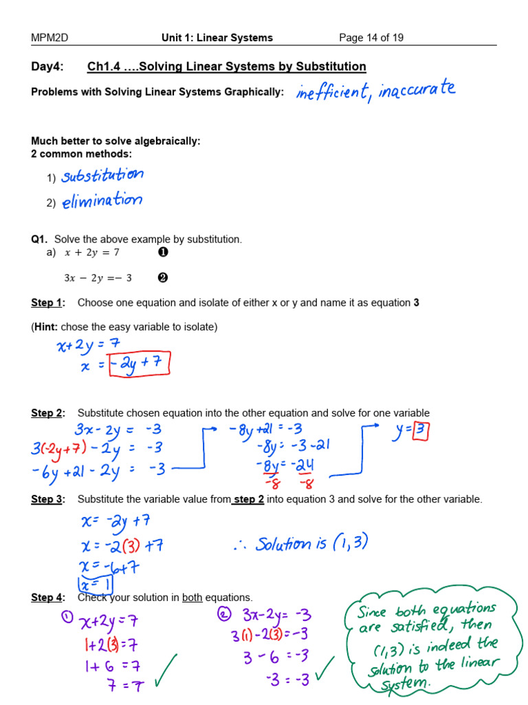 1.4 Solving Linear Systems by Substitution (Solutions) | PDF