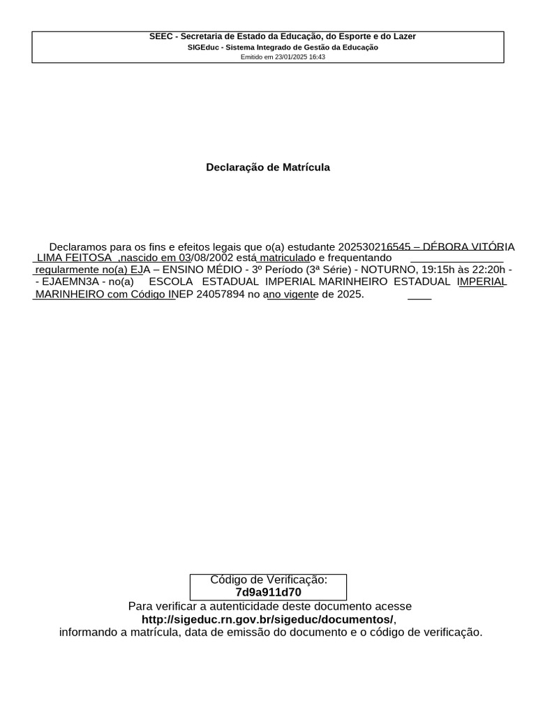 Declaração de Matrícula EJA 2025 | PDF