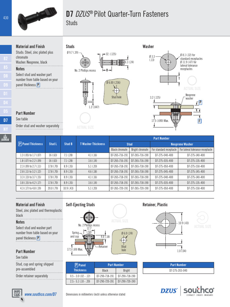 DZUS Fastener Size and Part Chart | PDF | Washer (Hardware ...